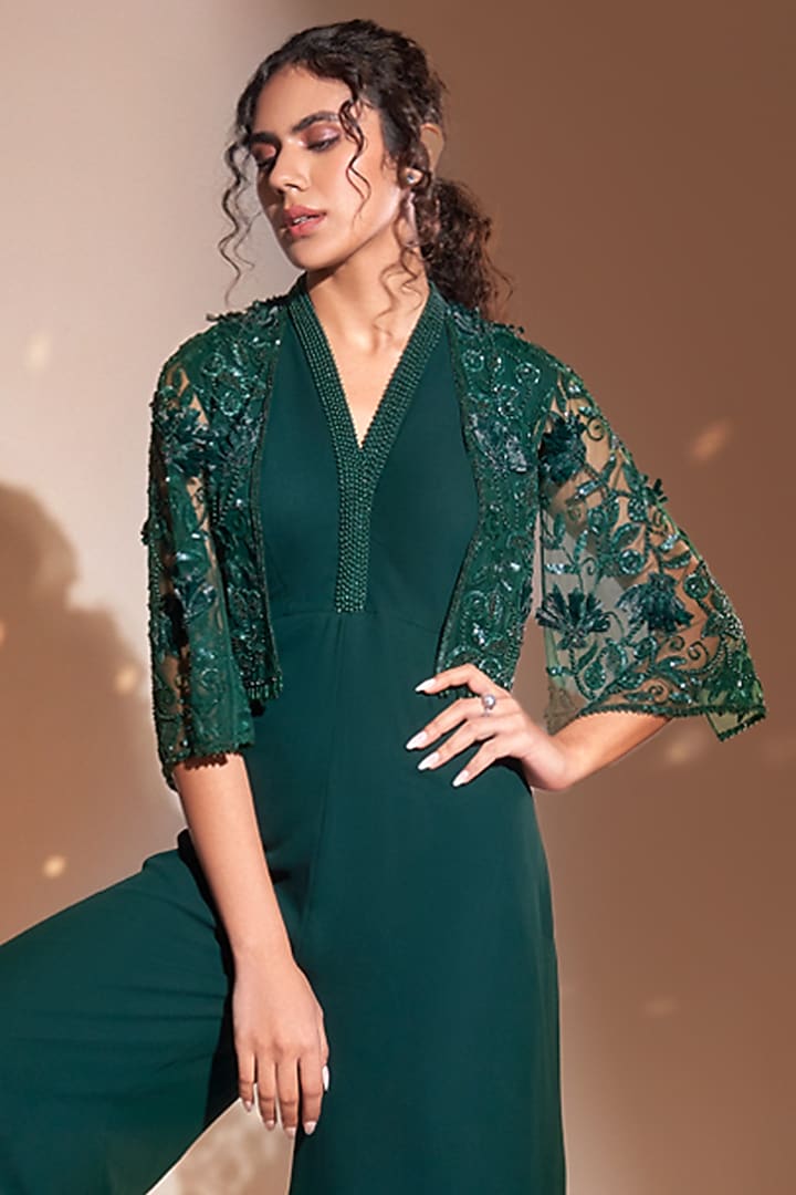 Green Georgette Embroidered Jumpsuit With Cape by Rimple Agrawal at Pernia's Pop Up Shop