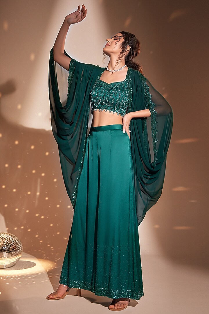 Green Georgette Embroidered Cape Set by Rimple Agrawal at Pernia's Pop Up Shop