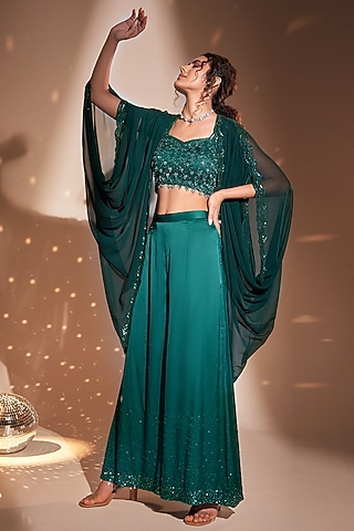 Green Georgette Embroidered Cape Set by Rimple Agrawal