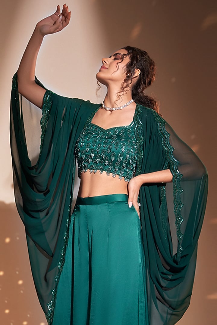Green Georgette Embroidered Cape Set by Rimple Agrawal at Pernia's Pop Up Shop