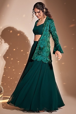 Green Silk Satin Hand Embroidered Blazer Set by Rimple Agrawal