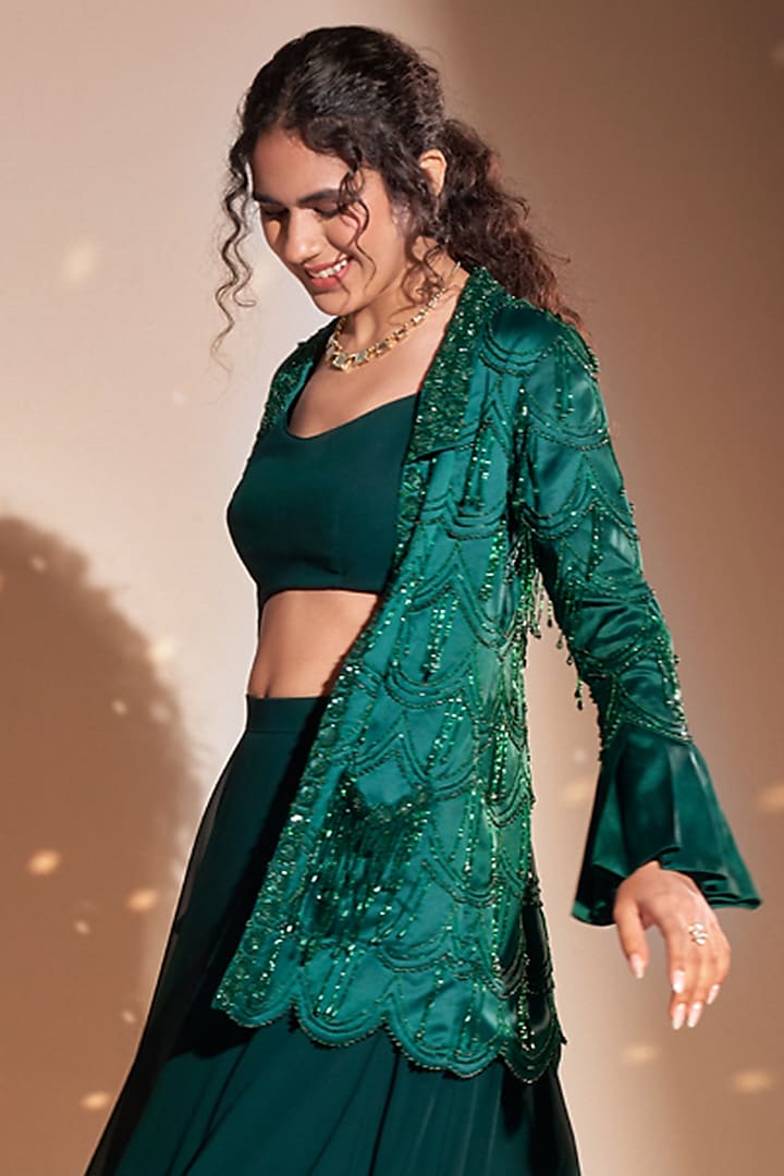 Green Silk Satin Hand Embroidered Blazer Set by Rimple Agrawal at Pernia's Pop Up Shop