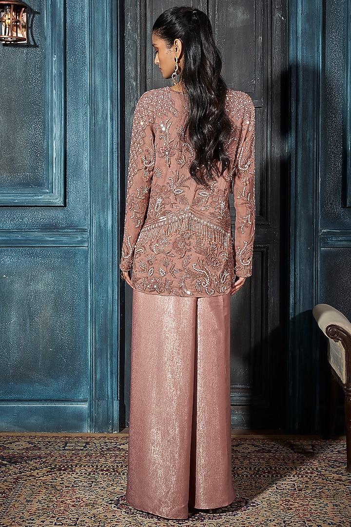 Rose Gold Foil Crepe Draped Skirt Set by Rimple Agrawal at Pernia's Pop Up Shop