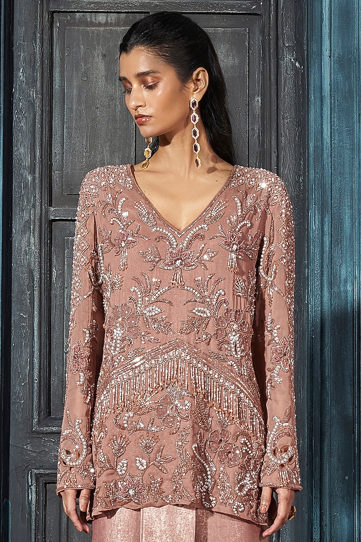Rose Gold Foil Crepe Draped Skirt Set by Rimple Agrawal at Pernia's Pop Up Shop