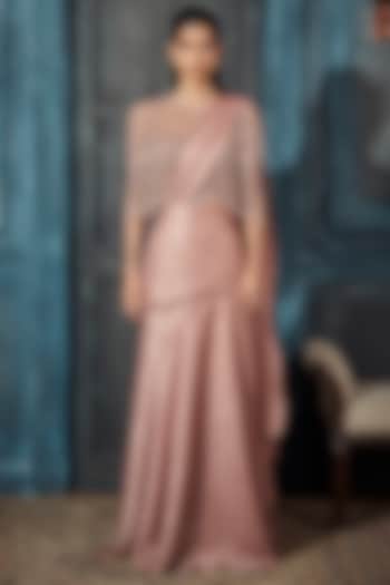 Rose Gold Foil Crepe Embellished Jacket Pre-Draped Wedding Saree Set by Rimple Agrawal at Pernia's Pop Up Shop