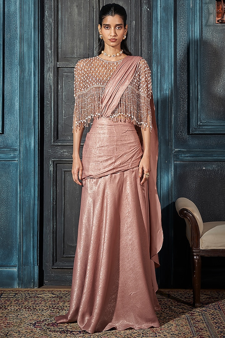 Rose Gold Foil Crepe Embellished Jacket Pre-Draped Wedding Saree Set by Rimple Agrawal at Pernia's Pop Up Shop
