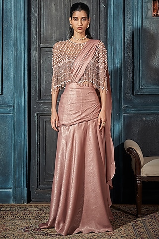 Rose Gold Foil Crepe Embellished Jacket Pre-Draped Saree Set by Rimple Agrawal