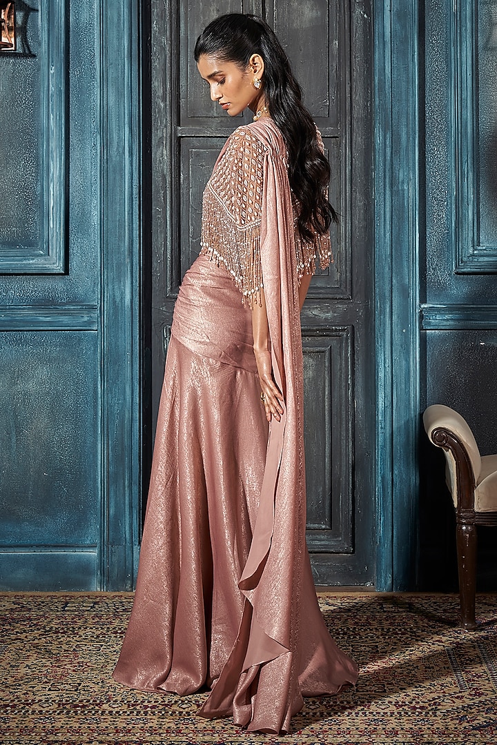 Rose Gold Foil Crepe Embellished Jacket Pre-Draped Wedding Saree Set by Rimple Agrawal at Pernia's Pop Up Shop