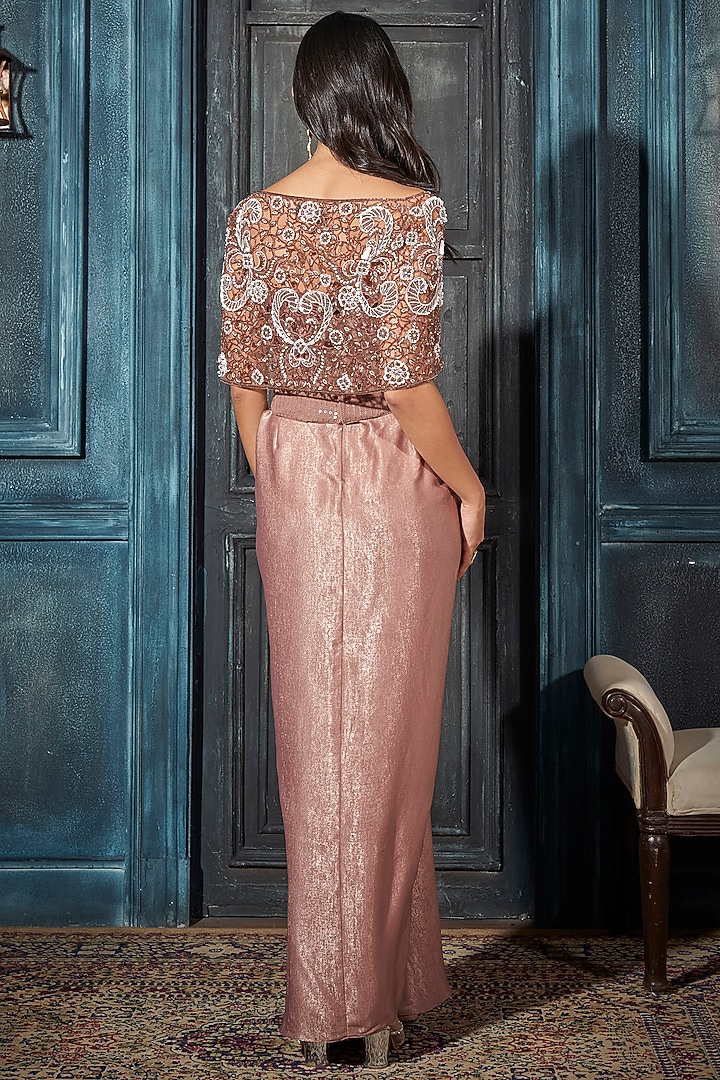 Rose Gold Foil Crepe Draped Skirt Set by Rimple Agrawal at Pernia's Pop Up Shop