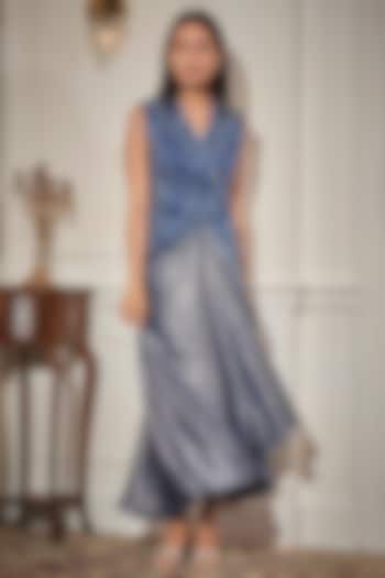 Steel Blue Foil Crepe Draped Skirt Set by Rimple Agrawal at Pernia's Pop Up Shop