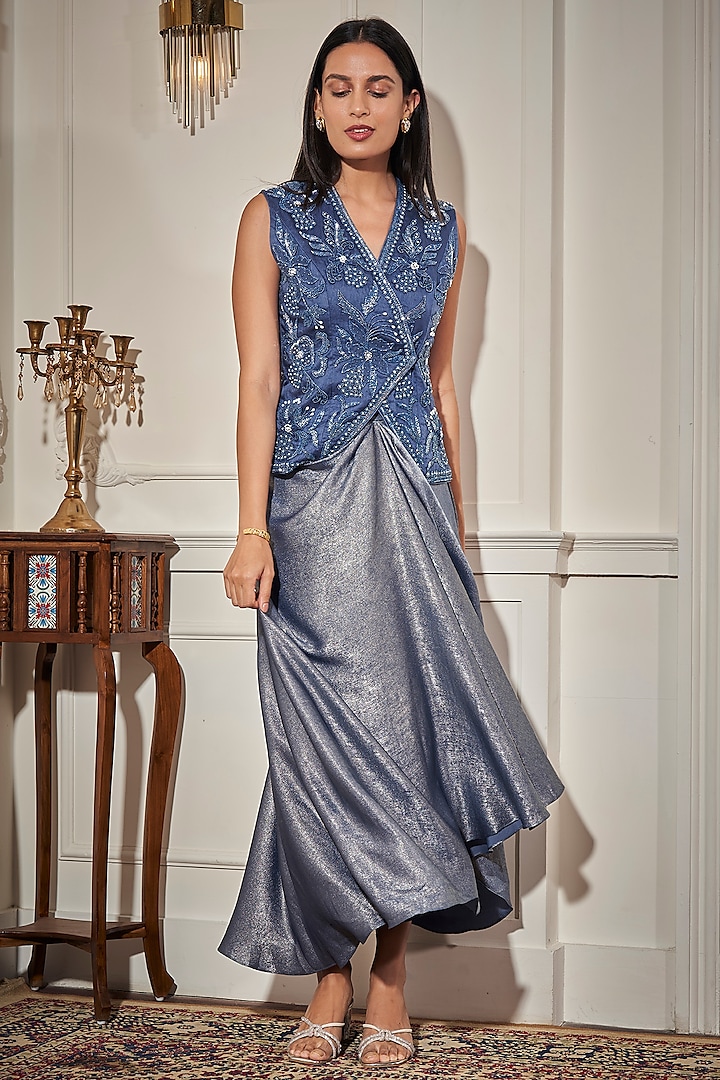 Steel Blue Foil Crepe Draped Skirt Set by Rimple Agrawal at Pernia's Pop Up Shop