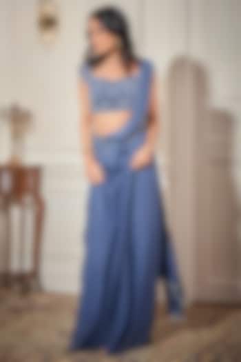 Steel Blue Georgette Floral Applique Draped Wedding Saree Set by Rimple Agrawal at Pernia's Pop Up Shop