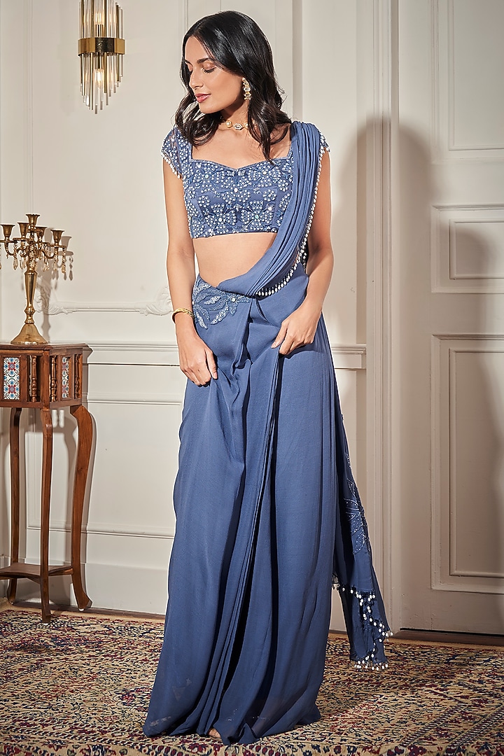 Steel Blue Georgette Floral Applique Draped Wedding Saree Set by Rimple Agrawal at Pernia's Pop Up Shop
