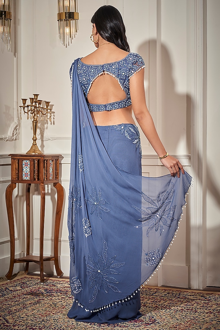 Steel Blue Georgette Floral Applique Draped Wedding Saree Set by Rimple Agrawal at Pernia's Pop Up Shop