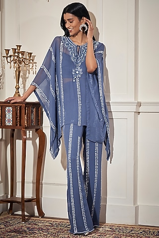 Steel Blue Georgette Cutdana Work Kaftan Set by Rimple Agrawal