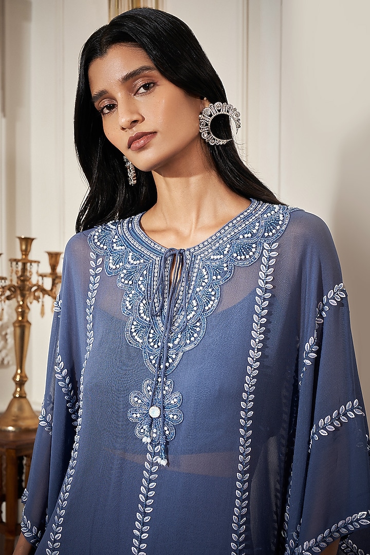 Steel Blue Georgette Cutdana Work Kaftan Set by Rimple Agrawal at Pernia's Pop Up Shop