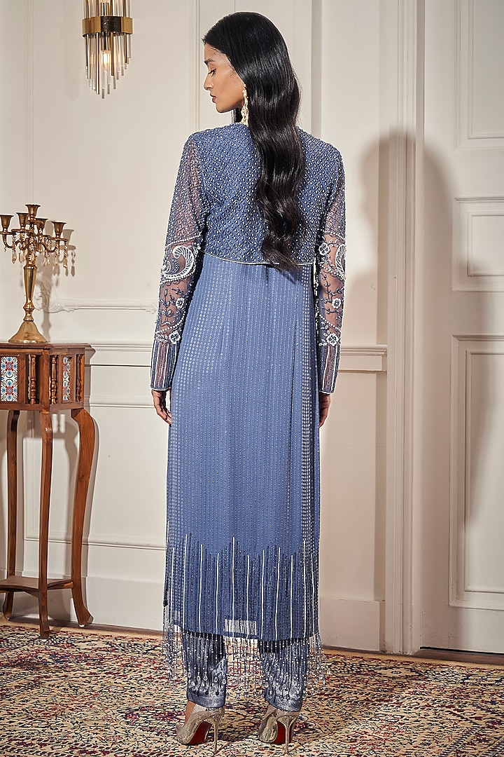 Steel Blue Sequins & Net Beadwork Kurta Set by Rimple Agrawal at Pernia's Pop Up Shop