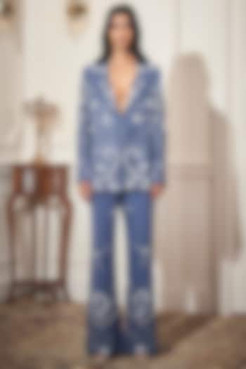 Steel Blue Sequins Embellished Blazer Set by Rimple Agrawal at Pernia's Pop Up Shop
