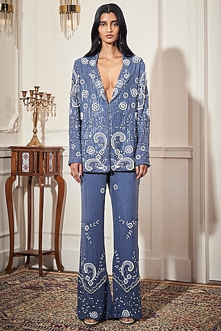 Steel Blue Sequins Embellished Blazer Set by Rimple Agrawal