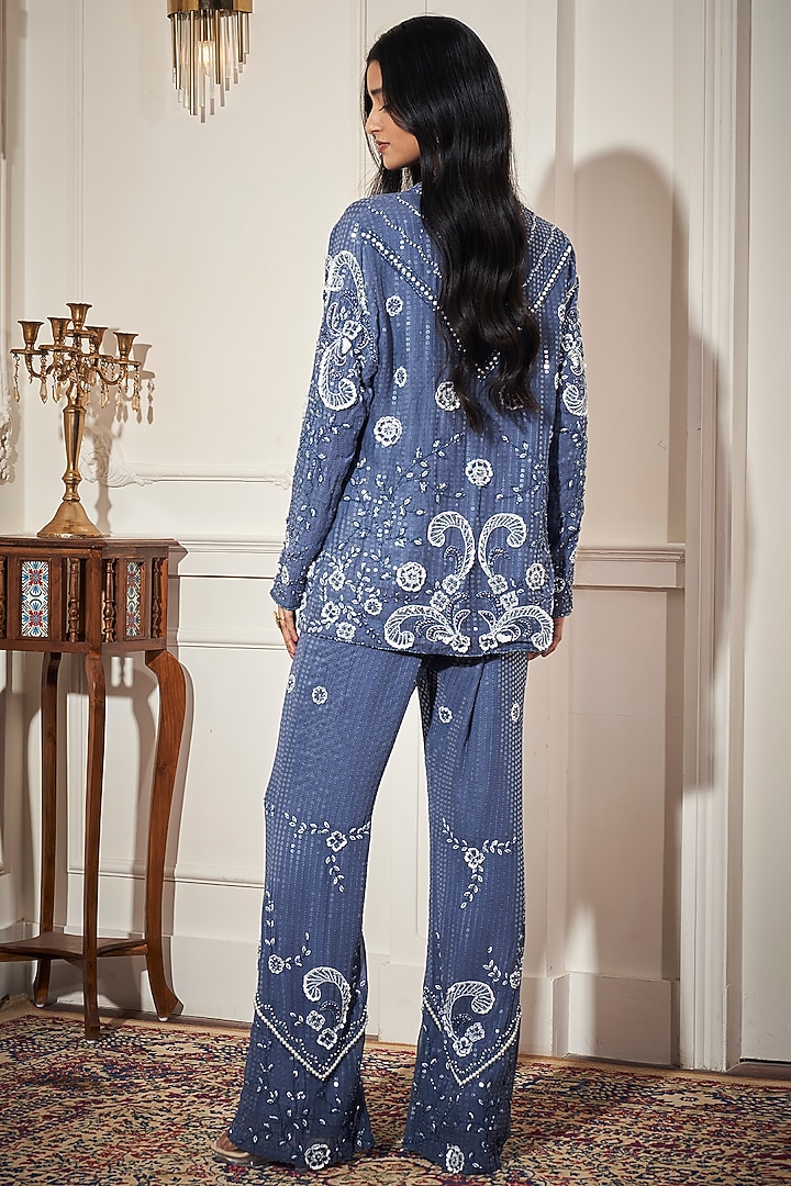 Steel Blue Sequins Embellished Blazer Set by Rimple Agrawal at Pernia's Pop Up Shop