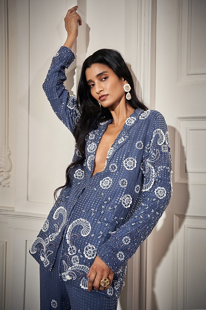 Steel Blue Sequins Embellished Blazer Set by Rimple Agrawal at Pernia's Pop Up Shop