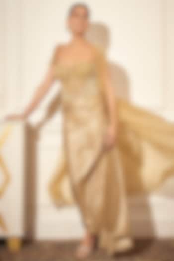 Champagne Gold Foil Crepe Draped Skirt Set by Rimple Agrawal at Pernia's Pop Up Shop