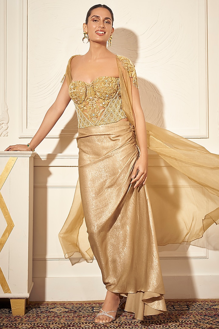 Champagne Gold Foil Crepe Draped Skirt Set by Rimple Agrawal at Pernia's Pop Up Shop