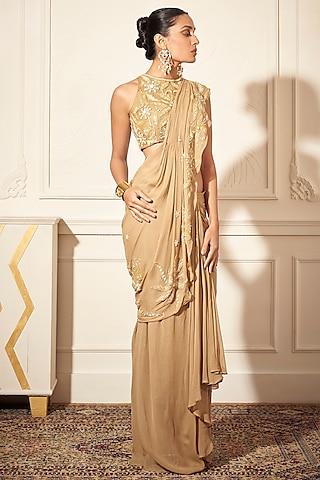 Champagne Gold Georgette & Net Pre-Draped Saree Set by Rimple Agrawal