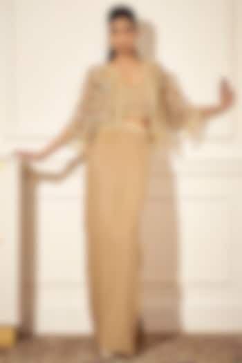 Champagne Gold Net Floral Cutwork Cape Set by Rimple Agrawal at Pernia's Pop Up Shop
