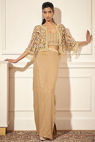 Champagne Gold Net Floral Cutwork Cape Set by Rimple Agrawal