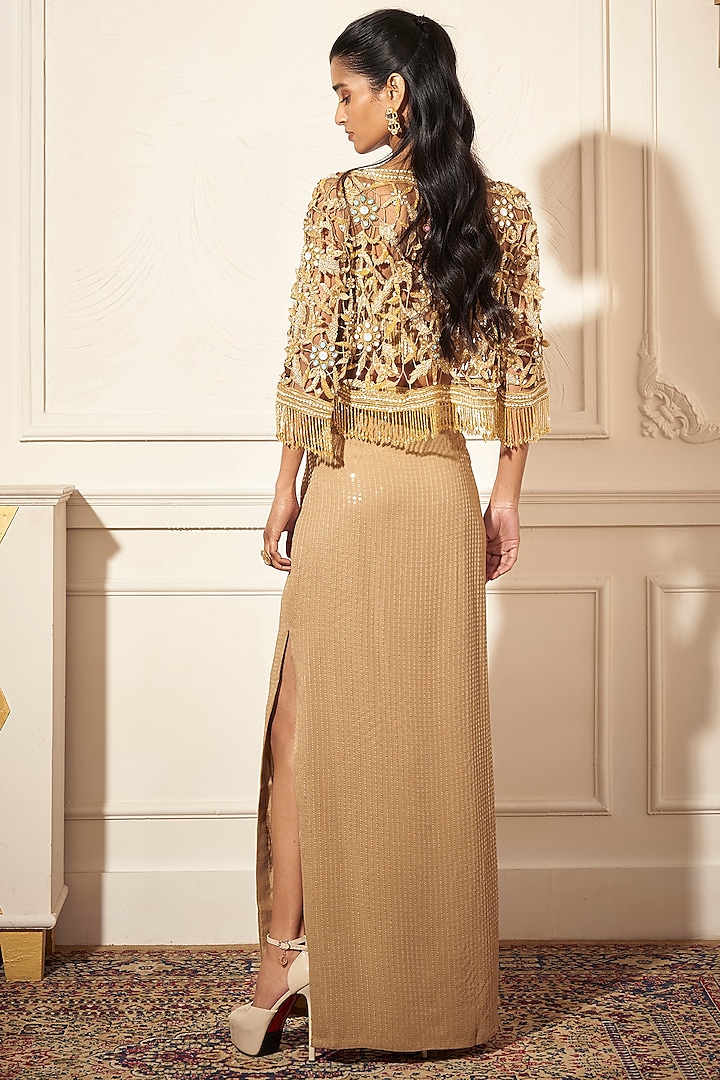 Champagne Gold Net Floral Cutwork Cape Set by Rimple Agrawal at Pernia's Pop Up Shop