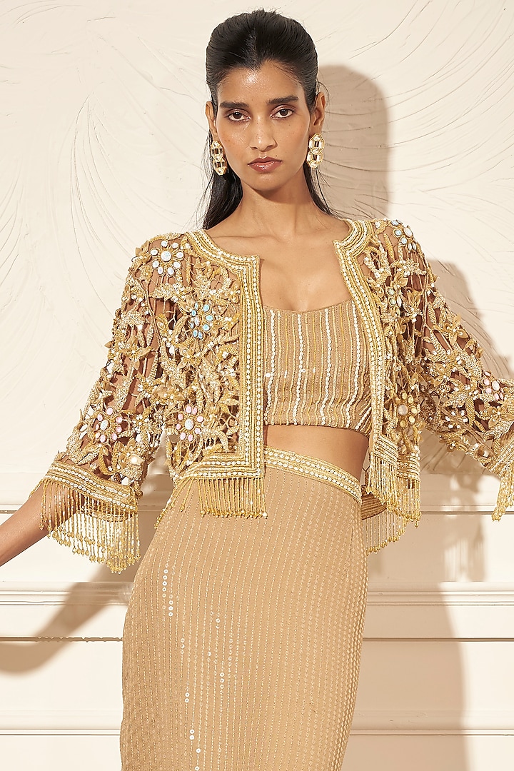 Champagne Gold Net Floral Cutwork Cape Set by Rimple Agrawal at Pernia ...
