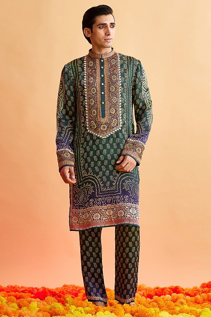 Emerald Green & Navy Bemberg Satin Embroidered Kurta Set by Rajdeep Ranawat Men at Pernia's Pop Up Shop