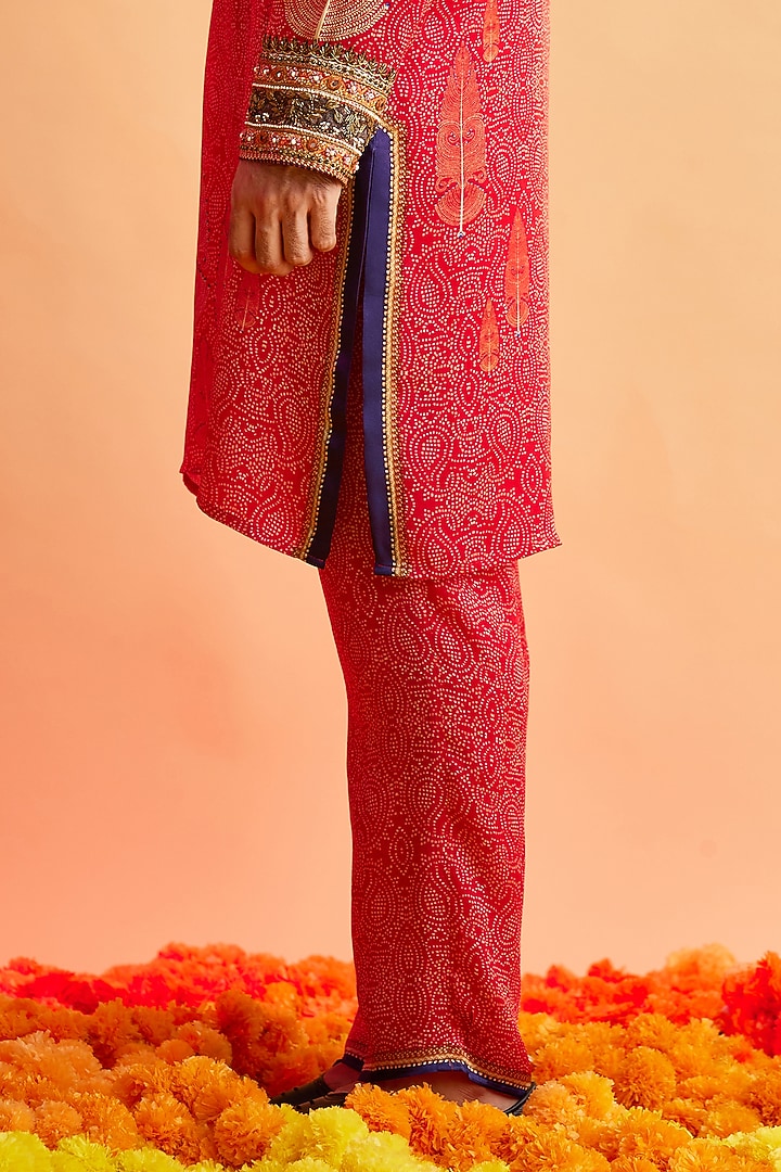 Brick Red Bemberg Satin Embroidered Kurta Set by Rajdeep Ranawat Men at Pernia's Pop Up Shop