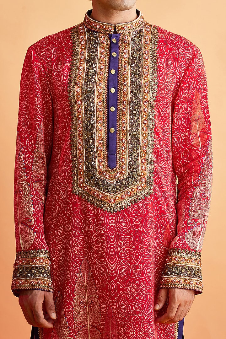 Brick Red Bemberg Satin Embroidered Kurta Set by Rajdeep Ranawat Men at Pernia's Pop Up Shop