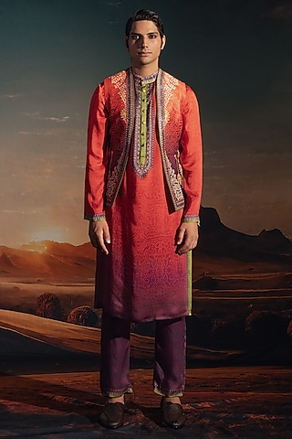 Rust Dupion Silk Printed Indowestern Set by Rajdeep Ranawat Men