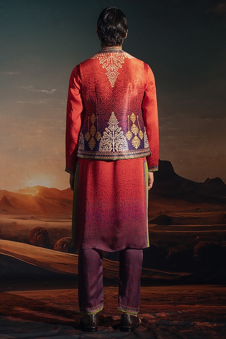Rust Dupion Silk Printed Wedding Indowestern Set by Rajdeep Ranawat Men at Pernia's Pop Up Shop