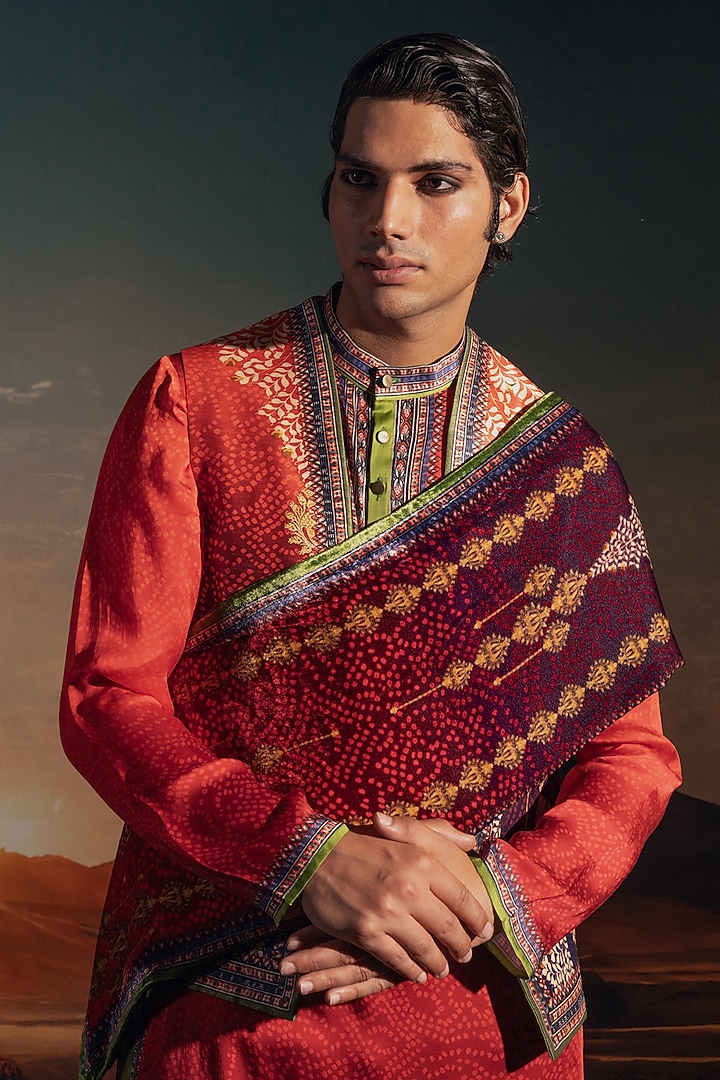 Rust Dupion Silk Printed Wedding Indowestern Set by Rajdeep Ranawat Men at Pernia's Pop Up Shop