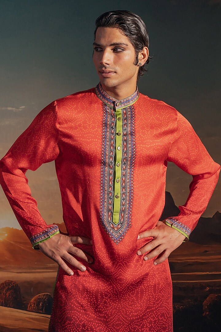 Rust Dupion Silk Printed Wedding Indowestern Set by Rajdeep Ranawat Men at Pernia's Pop Up Shop