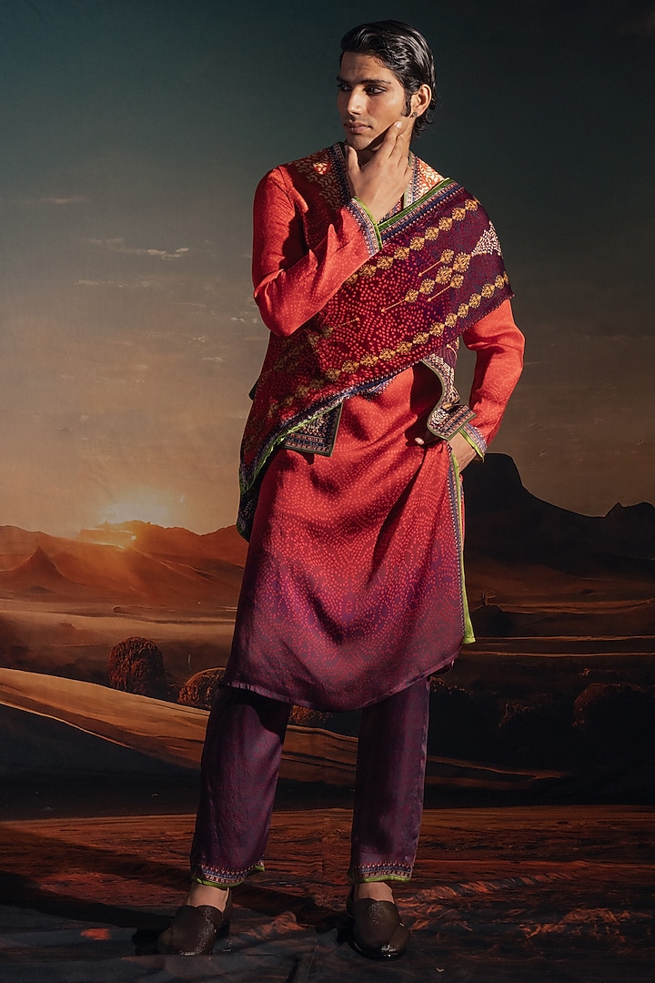 Rust Dupion Silk Printed Wedding Indowestern Set by Rajdeep Ranawat Men at Pernia's Pop Up Shop