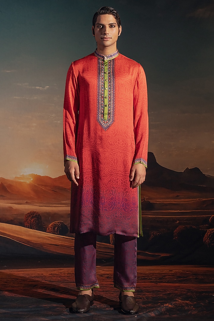 Rust Dupion Silk Printed Wedding Indowestern Set by Rajdeep Ranawat Men at Pernia's Pop Up Shop