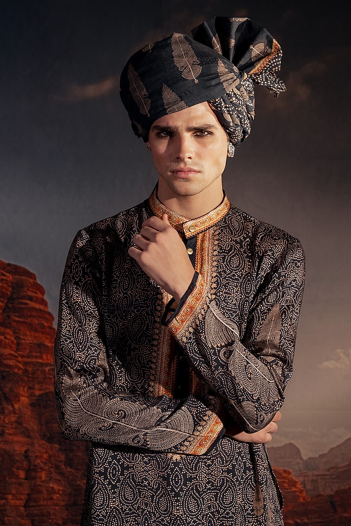 Black Dupion Silk Printed Wedding Indowestern Set by Rajdeep Ranawat Men at Pernia's Pop Up Shop