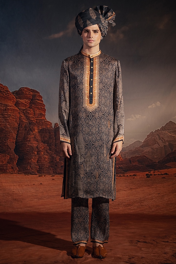 Black Dupion Silk Printed Wedding Indowestern Set by Rajdeep Ranawat Men at Pernia's Pop Up Shop