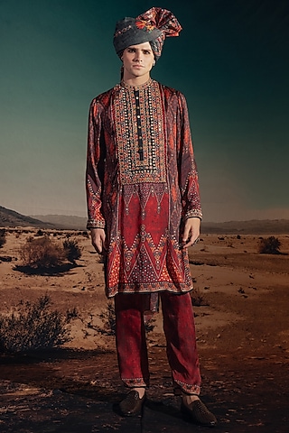 Red Bemberg Satin Embroidered Kurta Set by Rajdeep Ranawat Men