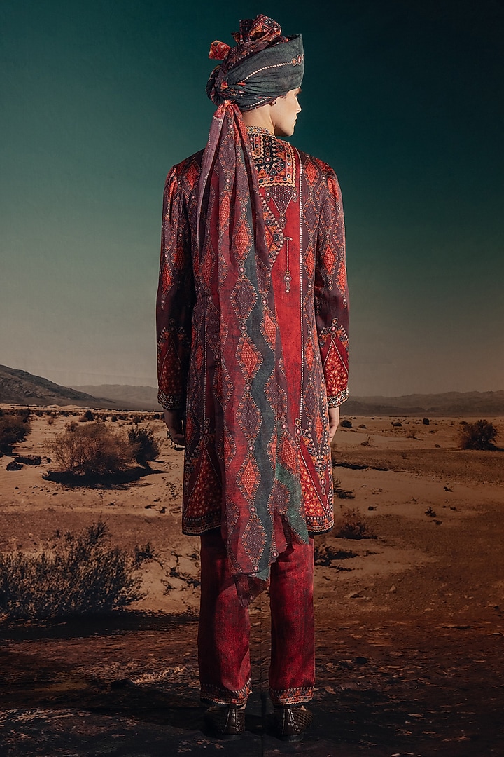 Red Bemberg Satin Embroidered Kurta Set by Rajdeep Ranawat Men at Pernia's Pop Up Shop