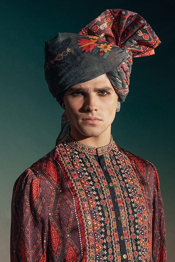 Red Bemberg Satin Embroidered Kurta Set by Rajdeep Ranawat Men at Pernia's Pop Up Shop