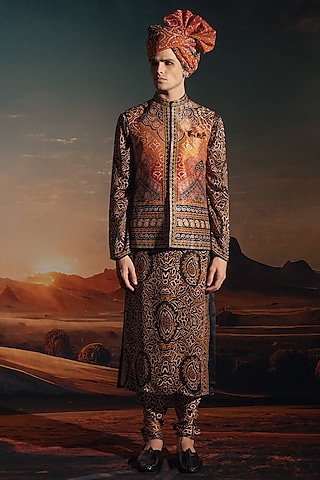 Black Dupion Silk Printed Bundi Jacket Set by Rajdeep Ranawat Men
