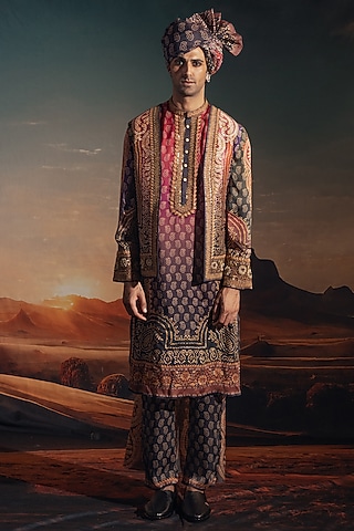 Multi-Colored Dupion Silk Printed & Embroidered Indowestern Set by Rajdeep Ranawat Men