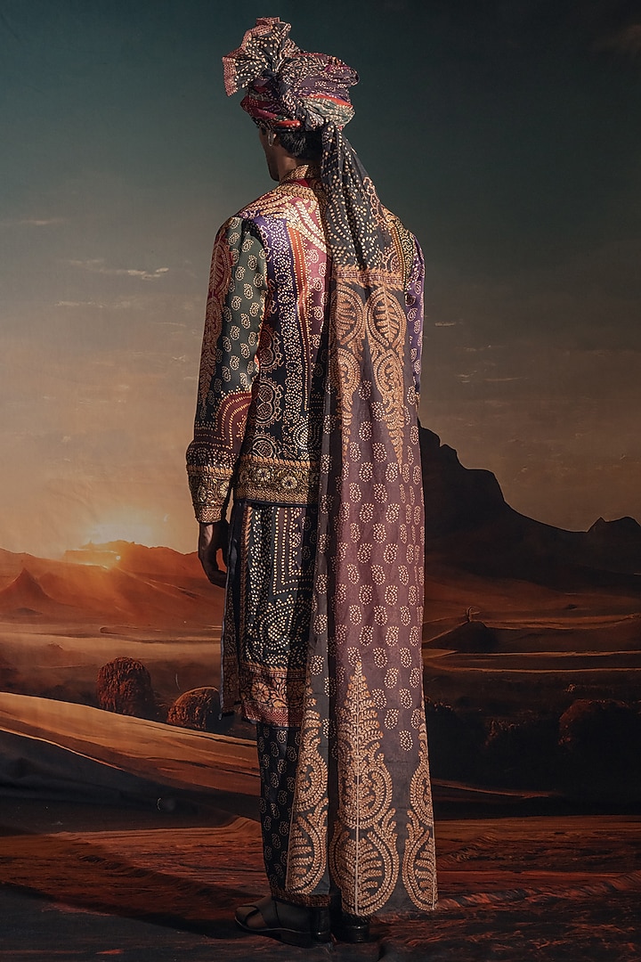 Multi-Colored Dupion Silk Printed & Embroidered Groom Indowestern Set by Rajdeep Ranawat Men at Pernia's Pop Up Shop