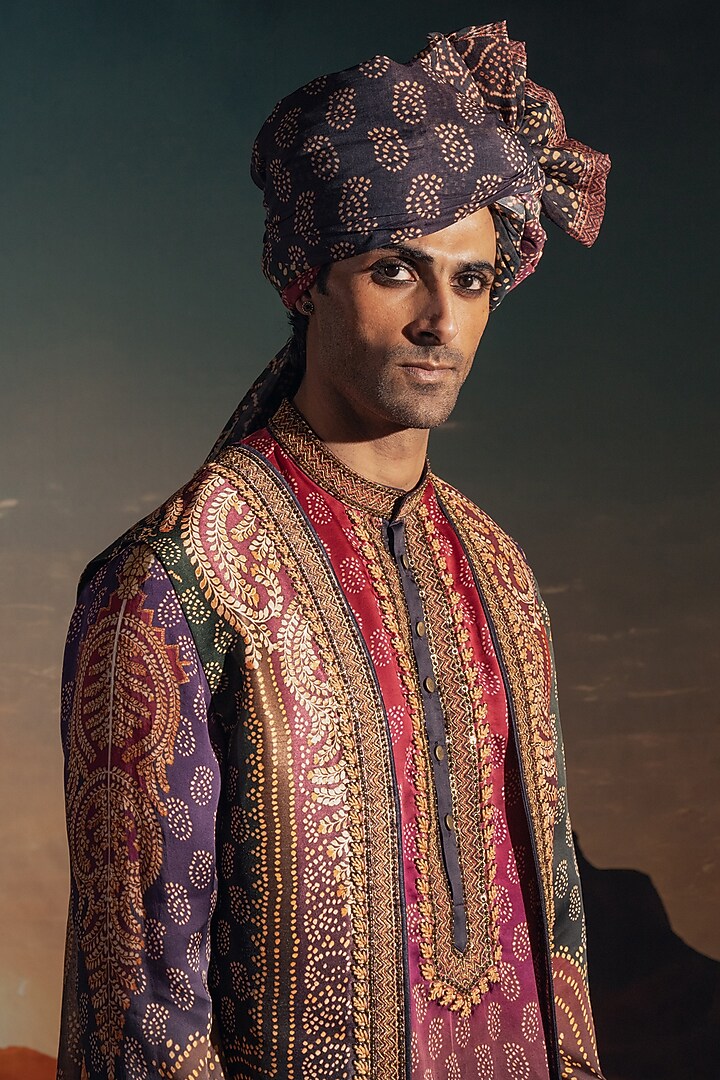 Multi-Colored Dupion Silk Printed & Embroidered Groom Indowestern Set by Rajdeep Ranawat Men at Pernia's Pop Up Shop